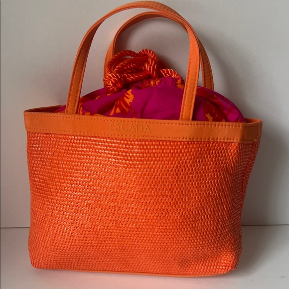 Escada Handbags - Escada Orange Woven Tote with Pink Drawstring Liner